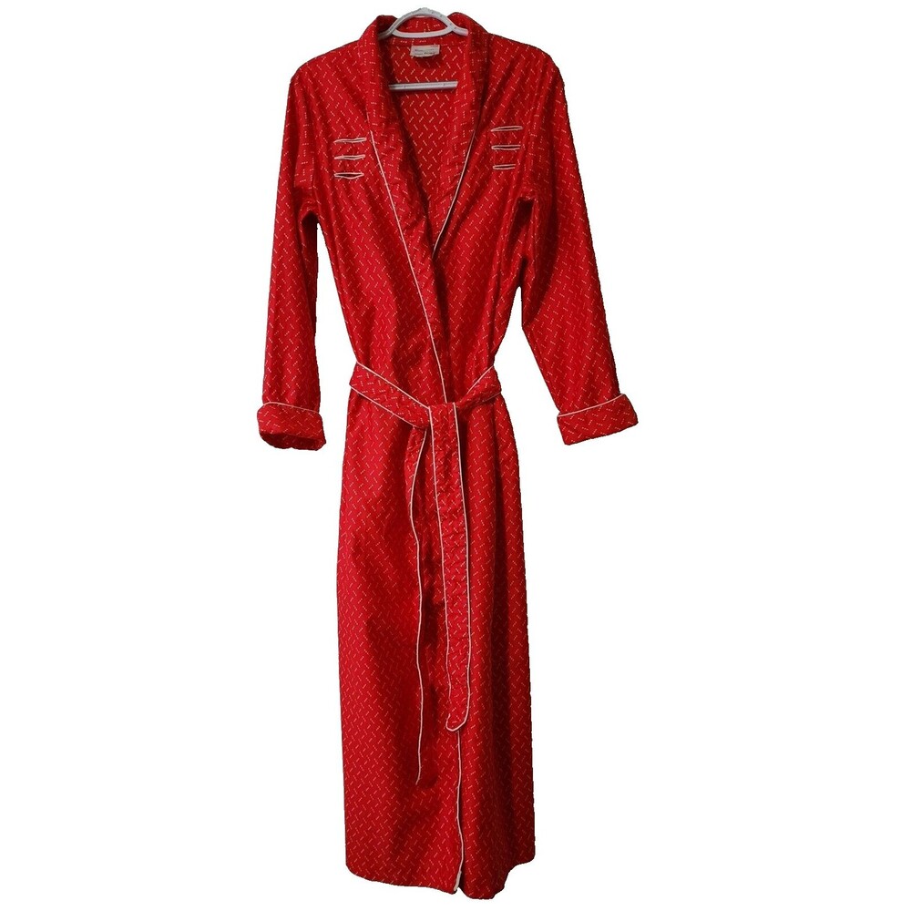 Vintage JCPenney Misses Long Robe Red White Cotton Satin Belted Women's L EUC